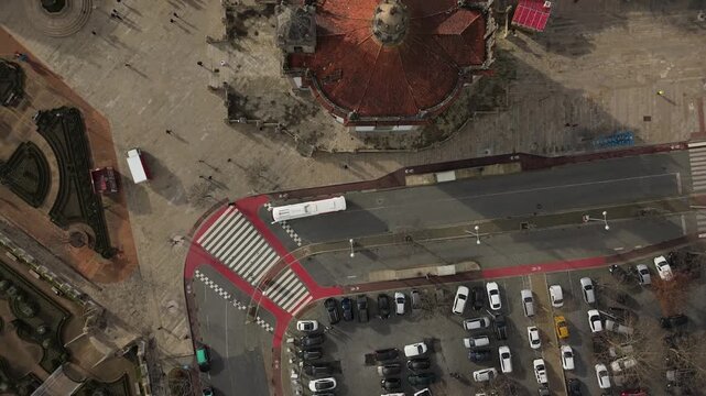 Overhead aerial view of church roof street and crosswalk in Barcelos