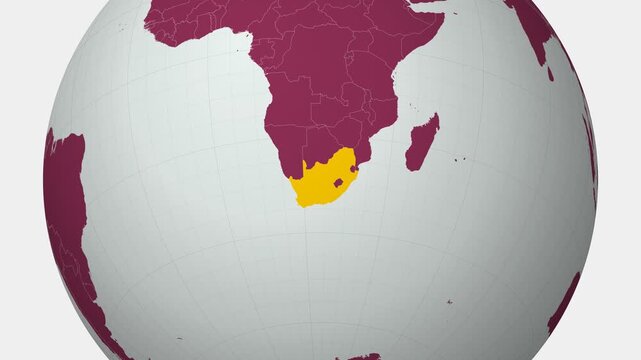 South Africa map. Animated zoom into the country on the Globe in Pale Mint Dark Pink color palette. Country logo animation with round text and airplanes. Map with meridians, parallels. Vibrant video.