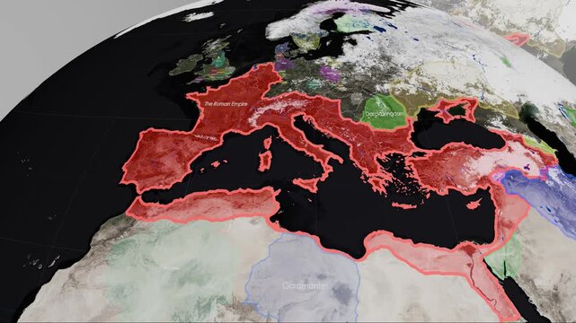 Close up 3D digital map visualization highlighting the vast territorial extent of the Roman Empire across the Mediterranean and Europe
