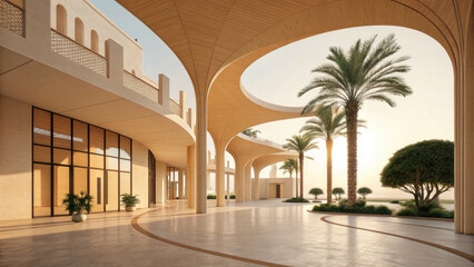 Naklejka premium Modern luxury building with curved arches and palm trees in a tropical outdoor setting with large windows and balconies serene architectural design