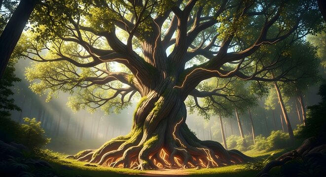 Majestic Ancient Oak Tree with Expansive Root System Bathed in Golden Sunlight in a Serene Forest Landscape