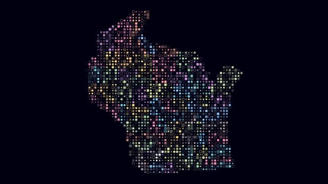 Wisconsin animation. Shape of the state with pulsating colored dots. Small size rounded square blocks. Digital style map on dark background. Beautiful video.