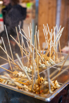 Hot Steaming South Korea Traditional Street Food Eomuk Fish Cakes On Skewers