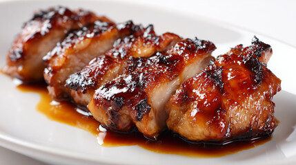 白い長皿に盛り付けられた甘辛いタレが絡むジューシーなスライス照り焼きチキンのクローズアップ