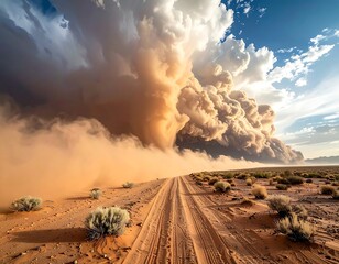 A dirt road leads through a desert landscape with dramatic cloud formations