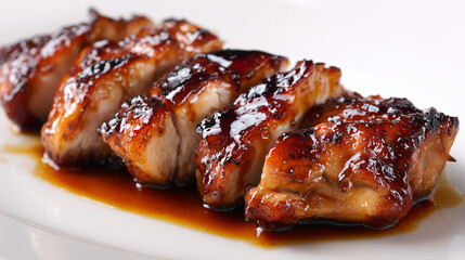 白い皿に盛り付けられた濃厚な甘辛ダレが滴る香ばしく焼き上げられたジューシーなスライス照り焼きチキン
