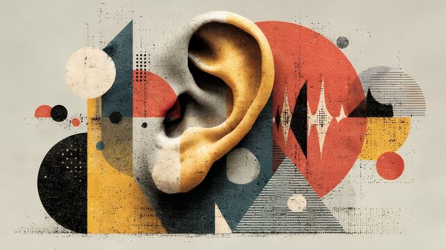 Flat illustration celebrating International Ear Care Day, stylized ear symbols with sound waves, memphis geometric shapes, boho textures, calm yet optimistic color palette