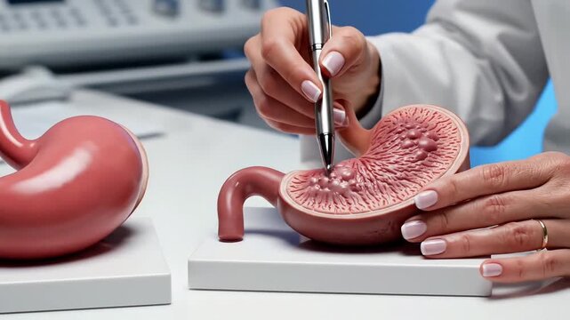 Doctor Explaining Gastric Anatomy Using Stomach Models in Medical Office.