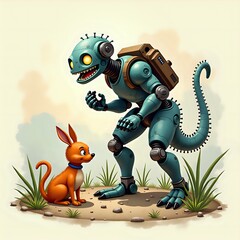 Naklejka premium Robot Dinosaur Meets Curious Canine Friend