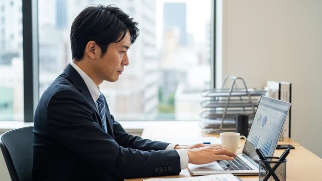 Young Japanese businessman working on laptop in office / 日本人男性 デスクワーク