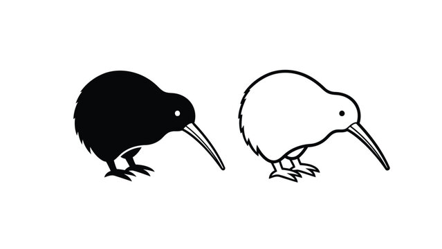 A simple black and white illustration depicts two kiwi birds in contrasting shades
