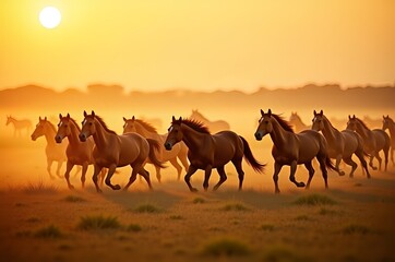 Fototapeta premium Wild Horses Running at Golden Sunset