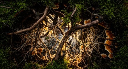 Obraz premium Forest Floor Roots and Mushrooms Illuminated by Natural Light