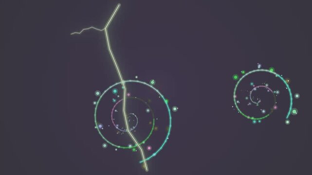 Abstract neon light trails in circular patterns against a dark background, viewed from a straightforward perspective.