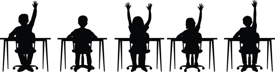 Classroom student silhouette, black vector illustration, children at desks, educational participation concept, learning environment design, school activity moment, academic engagement scene © Shoentesh