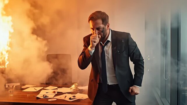 Man In Black Suit And Blue Tie Coughing Amidst Office Fire And Smoke Trying To Escape Near Large Window Overlooking Cityscape