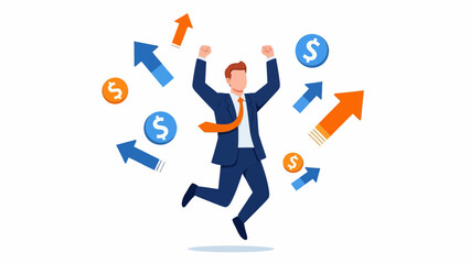 Jumping Businessman in Blue Suit with Orange Tie, Surrounded by Flying Dollar Signs and Arrows, Celebratory Cartoon on White Background