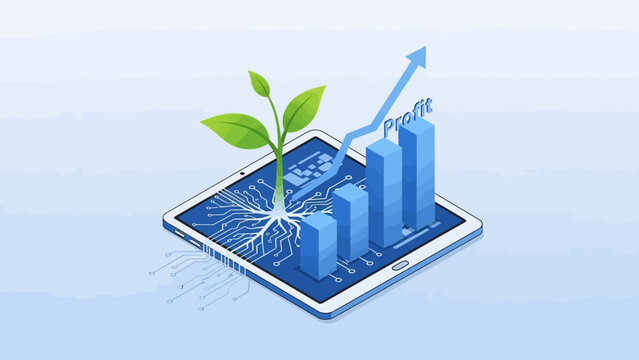 3D Smartphone Displaying Rising Blue Bar Graph with Green Plant Sprouting, Ideal Logo Icon for Business Growth