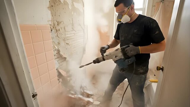 Man Wearing Protective Gear Uses Jackhammer to Demolish Pink Tiled Bathroom Wall Creating Dust and Debris in Daylight Illumination