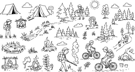 Fototapeta premium Camping Adventure: Hand-Drawn Illustrations of Outdoor Activities