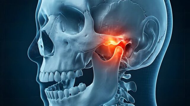 Medical Illustration of Human Skull Jaw Joint Pain and Inflammation with Red Highlighted Temporomandibular Joint on Dark Blue Grid Background