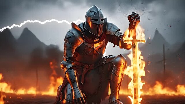Medieval Knight Kneeling with Flaming Sword Amidst Battlefield Fires and Lightning Strikes Dramatic Fantasy Scene