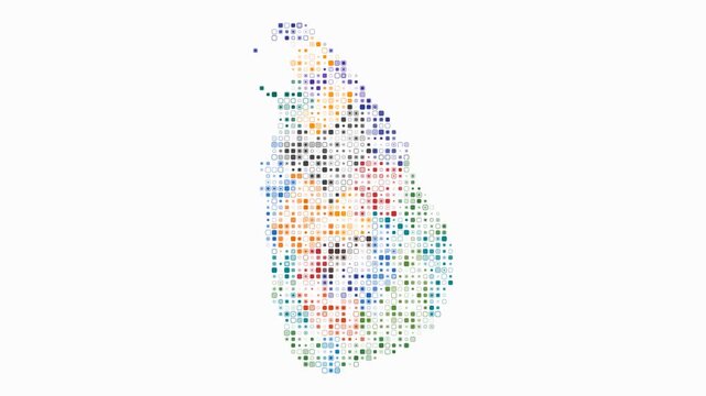 Sri Lanka map animation. Shape of the country with pulsating colored dots. Small size rounded square blocks. Digital style Sri Lanka map on white background. Beautiful video.