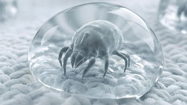 Microscopic Dust Mite Encased in Water Droplet on White Woven Fabric Detailed Macro View Soft Fabric Texture with Clear Spheres and Tiny Arthropod Creatures Under Bright Studio Lighting