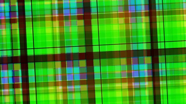 Vibrant plaid pattern featuring intersecting lines and multicolored textures in a grid-like design viewed from directly above