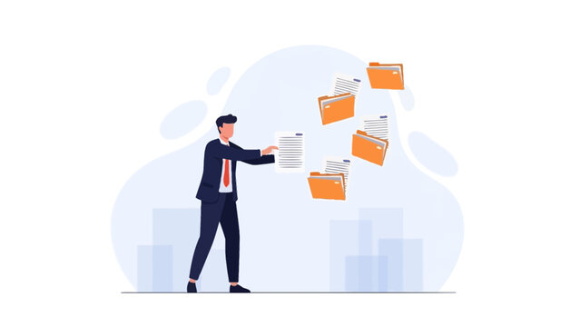 Businessman sorting documents and files in organized workflow