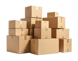 A large, sturdy stack of various sized sealed brown cardboard moving storage delivery shipping boxes neatly piled together&nbsp;