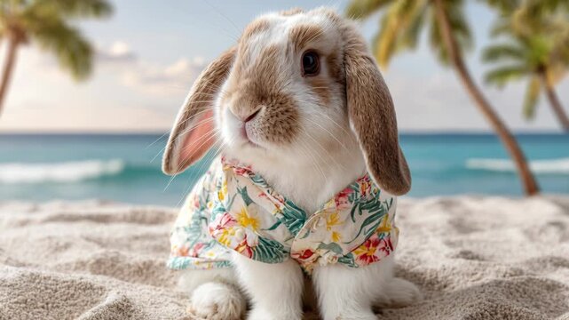 An adorable fluffy lop rabbit wearing a floral Hawaiian shirt sitting on tropical beach sand with palm trees.