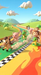 Obraz premium cartoon animals racing on colorful track.