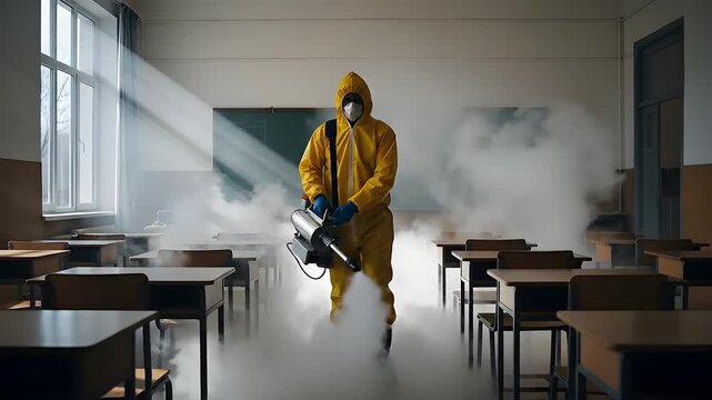 A Person in a Bright Yellow Hazmat Suit Uses a Disinfectant Sprayer in an Empty Classroom Bathed in Dramatic Light Beams from the Window Creating a Smoky Atmosphere