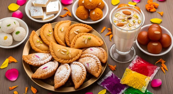 Traditional Indian Holi Sweets Platter with Gujiya, Mithai and Festive Colors