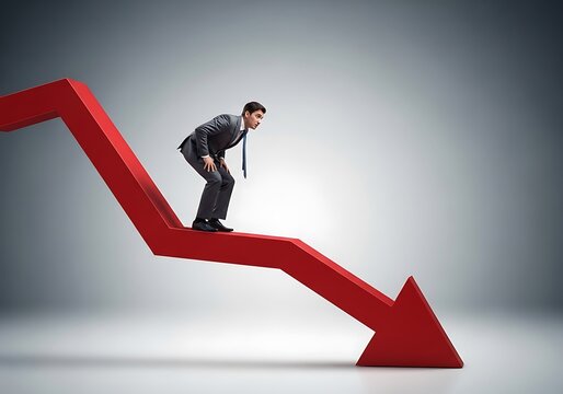 Businessman standing on a large red arrow pointing downwards indicating decline