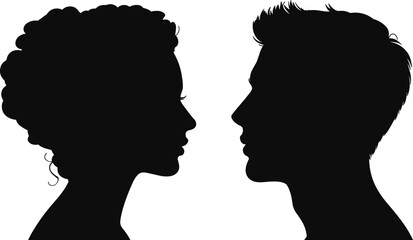 Black Vector Silhouettes of Man and Woman Face Profile Looking at Each Other Isolated on White Background for Relationship Romance and Human Identity