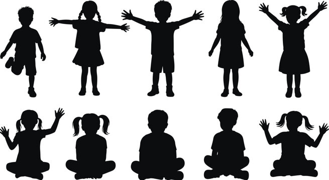 Set of children silhouettes standing and sitting in playful poses, black shadow boys and girls isolated on white background for education and childhood concepts