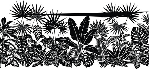 Set of Male and Female Silhouette Heads with Modern Hairstyles and Seamless Tropical Plant Border for Barbershop Beauty Salon and Botanical Nature Graphic Design