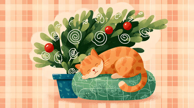 Sleeping cat near potted plant