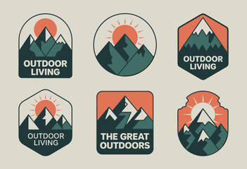 Vintage Outdoor Adventure Emblems Featuring Mountain Landscapes and Rising Sun in Earthy Tones
