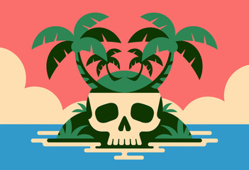 Tropical Skull Island with Palm Trees and Vibrant Sunset in Bold Colors