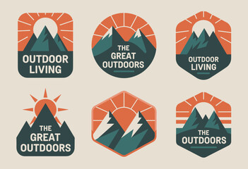Vintage Outdoor Adventure Emblems Featuring Mountain Landscapes and Rising Sun in Earthy Tones