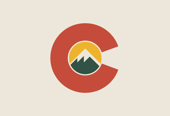 Stylized Colorado Logo Featuring Majestic Mountains and Sun in Bold Colors