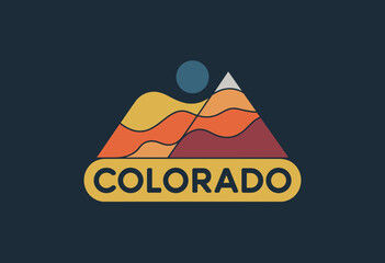 Stylized Retro Illustration of Colorado Mountains with Vibrant Sunset and Iconic Typography