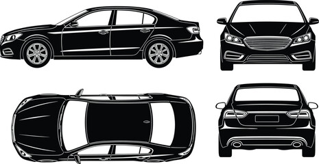 Set of modern sedan car silhouette illustrations showing front, side, rear, and top views isolated on white background for automotive design and transportation graphics © Rishad