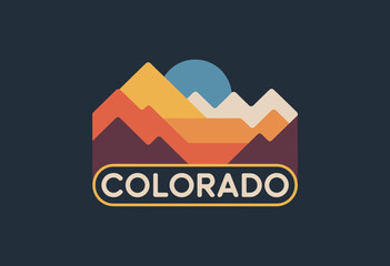Stylized Retro Illustration of Colorado Mountains with Vibrant Sunset and Iconic Typography