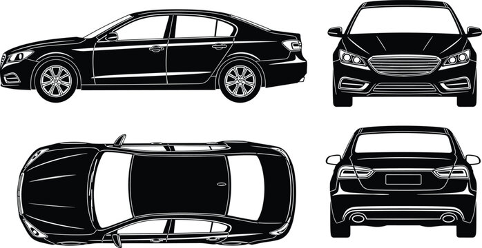 Set of modern sedan car silhouette illustrations showing front, side, rear, and top views isolated on white background for automotive design and transportation graphics