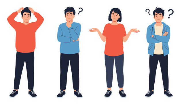 Group of four diverse young people showing expressions of confusion and doubt with question marks floating around their heads.