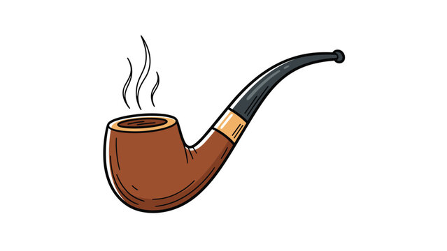 Detailed vintage illustration of a classic wooden tobacco smoking pipe with swirling smoke rising from the bowl on white background.